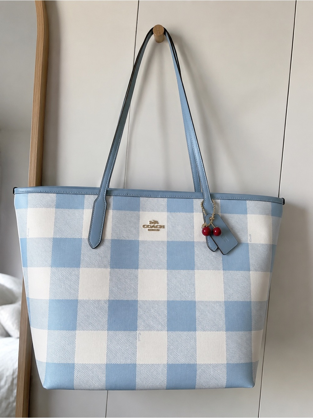 Coach Blue & White Gingham Tote with Cherry Charm
